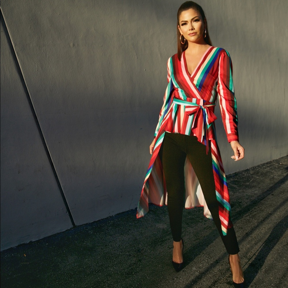 Striped Wrap Blouse with Belt